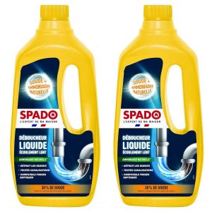 Spado Lot de 2 D&eacute;boucheurs liquide Ecoulement lent D&eacute;truit odeurs compatible fosse - action d&egrave;s 15min - soude min&eacute;rale concentr&eacute;e 30% - 1 L - Neuf