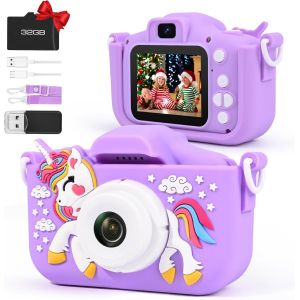ERYI-Appareil Photo Enfant, 2.0 Pouces Appareil Photo Pour Enfants Numérique, Mini Caméra Enfant Rechargeable Caméscope Cadeau Jouet Filles Garçons De 3 À 12 Ans, Vidéo Hd 1080P, 32G Sd Carte (Violet - Neuf