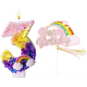 Lot De 3 Bougies D'anniversaire &Agrave; Paillettes En Forme De Num&eacute;ro 3 (D&eacute;coration Arc-En-Ciel)-Bougie D'anniversaire Pour G&acirc;teau-Avec D&eacute;corations Arc-En-Ciel (Avec D&eacute;coration Arc-En-Ciel) - Neuf