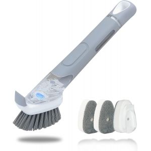 LORANKA-- Brosse &agrave; vaisselle multi-usages avec distributeur de liquide vaisselle - Brosse de lavage grise avec 3 t&ecirc;tes en &eacute;ponge interchangeables - Pour casserole, po&ecirc;le, &eacute;vier - Neuf