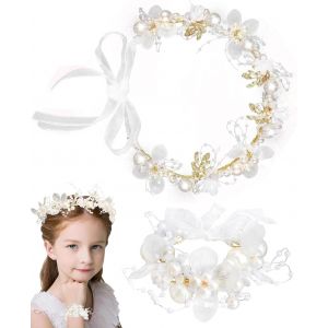 Kalvd-Serre Tete Mariage,Couronne Fleur Cheveux,Accessoire Cheveux Mariage Couronne De Fleurs Serre-Tête Couronne De Cheveux Bijoux De Tête Bébé Enfant Femme Avec Bracelet,Argent - Neuf