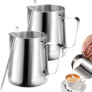 KAL-Pièces Pichet Lait Inox, 350Ml Pot À Lait Avec Lignes De Mesure Et Latte Art Pen, Milk Frother, Pichets-Mousseurs À Lait Pour Cappuccino, Expresso, Latte Art - Neuf