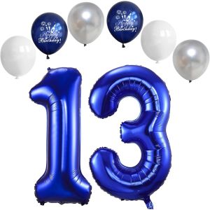 Ballon Anniversaire 13 Ans Bleu Foncé,101 CM Bleu Argent Blanc Latex Ballon Chiffre 13,Décoration Ballons 13 Ans Anniversaire,Foil Helium Ballons Numéro 13/31 Pour Décoration De Fête - Neuf
