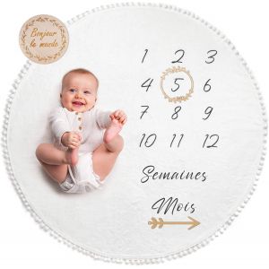 Couverture Etape B&eacute;b&eacute; En Fran&ccedil;ais | Tapis Photo Rond Mois Gar&ccedil;on, Fille, Unisexe | Neutre | Cadeau Baby-Shower Personnalis&eacute; Jeunes Mamans | Tapis Photo Bebe | Cadre Bois Fourni - Neuf