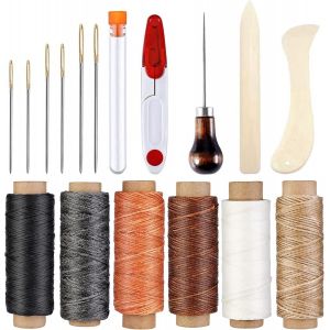 Tianyi-Lot De 17 Pi&egrave;ces De Couture En Cuir, 6 Couleurs En Cuir, Fil De Cire, Avec Gros Yeux Cousus Aiguilles, Pieds Pliants, Ciseaux Et Ciseaux Pour Cuir, Artisanat &Agrave; La Main - Neuf
