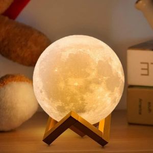 Lampe De Lune Timing Impression 3d Veilleuse De Lune 16 Couleurs 15 Cm Avec Support En Bois T&eacute;l&eacute;commande Et Contr&ocirc;le Tactile Et Cadeau Rechargeable Par Usb Pour Filles Gar&ccedil;ons Enfants W - Neuf
