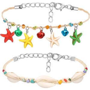 Cmjaagur-2 Pcs Anklet For Women, Adjustable Anklets Boho Chain Foot Jewellery Dainty Layered Ankle Set Gift Ankle Chain For Women Girls Shell Starfish, Seashell[M646] - Neuf