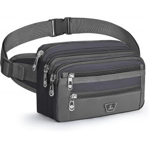 KALANKA-Sacoche Banane Homme Sac Banane Femme avec 7 Poches Zippées et Sangle Réglable Grande Capacité Sac Banane pour Le Jogging Randonnée Camping Cyclisme, Gris - Neuf