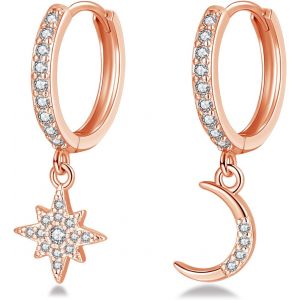 Kal-Boucles D'oreilles Créoles En Argent 925 Avec Pendentif, Boucles D'oreilles Pendantes En Argent Sterling 925 Avec Lune Et Étoile, Boucles D'oreilles Créoles Pendantes Pour Femme Et Fille - Neuf