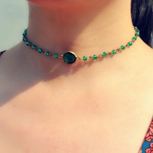 Kal-Collier Ras Du Cou En Pierre De Lune Arc-En-Ciel Avec Chaîne En Cristal Brut Vert Pour Femmes Et Filles - Neuf