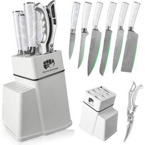 Jexnovashop-Set De 8 Couteaux De Bloc, Set De Couteaux De Chef Avec Bloc Et Ciseaux, Set De Couteaux De Cuisine En Acier Inoxydable, Manche Multicolore, Cadeaux Pour Hommes Femmes (R&eacute;sine Blanche) - Neuf