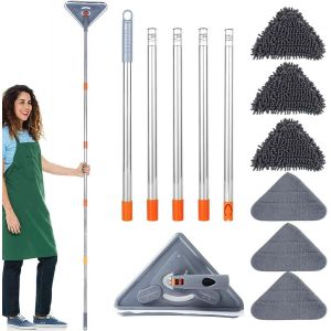KGABERY-Balai De Nettoyage Triangulaire Avec Long Manche,Balai Mural Réglable À 360°,Microfibre Sèche Et Humide Avec 6 Chiffons De Rechange Pour Le Nettoyage Du Sol,Du Plafond,Des Fenêtres,Des Murs - Neuf