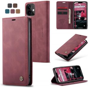 Maa-Coque Iphone 11, Housse Antichoc En Cuir Pu Premium Fentes Cartes Etui Pochette De Portefeuille Avec Fonction Support Case À Rabat Housse Pour Iphone 11 -Vin Rouge - Neuf