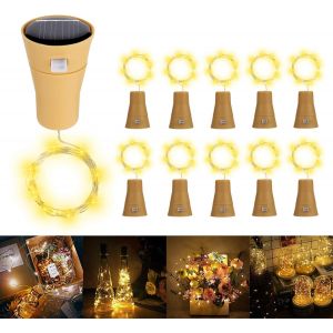 lbgwp60-Lot De 10 Guirlandes Lumineuses Led Solaire Bouchon De La Bouteille 1M 10 Leds Fil De Cuivre Lumière Décorative Pour Diy Bouteille Bar Chambre Mariage Noël Halloween Fête - Blanc Chaud - Neuf