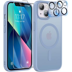 Sjzg-5 In 1 Coque Magn&eacute;tique Pour Iphone 13 Aimant&eacute;e Avec 2 Verres Tremp&eacute;s Et 2 Cam&eacute;ra Protecteur Compatible Magsafe Dos Anti Rayures Coque Magn&eacute;tique Antichoc Tpu Bumper Case - Bleu - Neuf