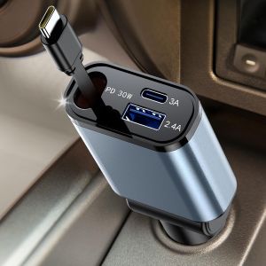 3 en 1 Chargeur de Voiture 57W Charge Rapide Chargeur Voiture avec R&eacute;tractables C&acirc;bles et 2 Ports pour V&eacute;hicules 12V/24V,Chargeur Allume Cigare USB C Compatible avec iPhone,Android - Neuf