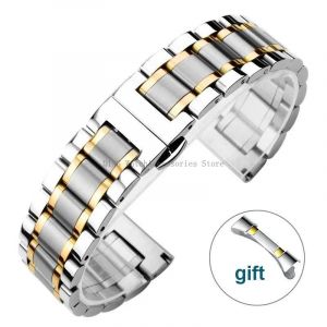 Kafol-12 13 14 15 16 17 18 19 20 21 22 23 24mm Bracelet De Montre En Acier Inoxydable Extrémité Incurvée Bracelet En Métal Hommes Femmes Bracelet Universel,12mm,Silver-Gold - Neuf