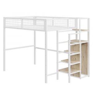 Lit Mezzanine 140x200 Cm Avec &Eacute;chelle Lit D'enfant Avec Cadre En Fer Et &Eacute;tag&egrave;re De Rangement Armoire Blanc - Neuf