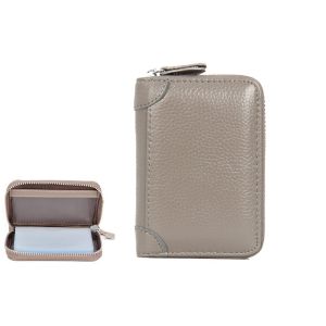 Portefeuille en cuir avec protection RFID, &eacute;tui &agrave; cartes zipp&eacute; gris, 20 emplacements pour cartes, format compact - Neuf