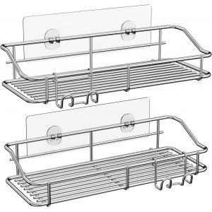 Rangement Salle de Bain, &Eacute;tag&egrave;re Douche sans Per&ccedil;age avec Crochets pour Accessoires, 27 * 10 * 5Cm, Lot de 2, Acier Inoxydable 304, Argent - Neuf