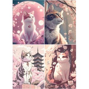 Oayew-Lot De 4 Diamond Painting Motif Chat Japonais 30x40cm Broderie Diamant Chat Diamond Painting Fleur De Cerisier Peinture Diamant Lune Diamond Painting Paysage Japonais Animaux Anime Chat - Neuf