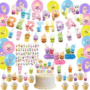 Trahoo-Décorations De Fête D'anniversaire De Thé À Perles, Accessoires De Fête D'anniversaire, Y Compris Bannières, Décorations De Gâteau, Autocollants Cadeaux De Thé À Perles Et Ballons - Neuf