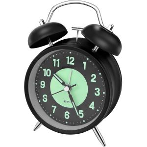 KAL-Réveil Double Cloche, Avec Lumineux Silencieuse Réveil, Rétro Mécanismes À Quartz Électroniques, Sans Tic-Tac, Pour Chambre À Coucher, Salon, Noir Grand Modèle Réveil Classique - Neuf