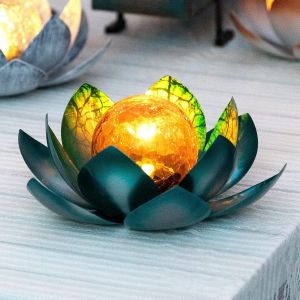 Lampe Solaire D'extérieur (1 Paquet), Globe En Verre Craquelé, Décoration Lotus, Led Solaires Étanches En Métal Bleu Pour Terrasse, Pelouse, Allée, Table - Neuf