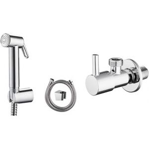 JGD-- Douchette WC avect Support et Flexible, Pomme de Douche, Chrome & M22025-1/2 Robinet d'Arret de R&eacute;gulation avec Poign&eacute;e, Robinet &Eacute;querre (1/2"" * 1/2"") pour Cuisine et Salle de Bains, Chrom&eacute; - Neuf
