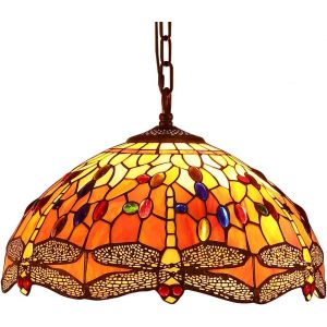 Subzonal-L30715 Plafonnier Libellule Style Tiffany En Verre Teint&eacute; Avec Abat-Jour Fait Main De 16 Pouces, Orange - Neuf