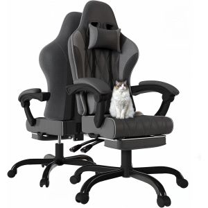 JEXNOVASHOP-Chaise de Gaming en Tissu avec Repose-Pieds Extensible, Chaise de Bureau Ergonomique avec Massage, Hauteur r&eacute;glable, Chaise Gamer avec Rembourrage &agrave; Ressorts, Capacit&eacute; de Charge 150KG, Gr - Neuf