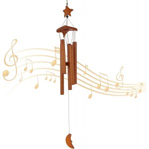 Mevronisshop-Carillon &Eacute;olien En Bambou 70 Cm En Forme D'&eacute;toile De Lune Avec 5 Tubes Assortis Pour Jardin Et Cour - Neuf