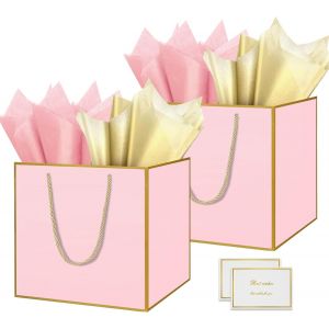 Grand Sac Cadeau, 11.8"" Rose Papier Emballage Cadeau Anniversaire, Carré Pochette Cadeau Ggrand Format Enfant 30 * 30 * 30cm Avec 1 Cartes 1 Mouchoirs Pour Fête D'anniversaire 2 Pièces - Neuf
