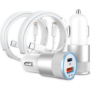 Lot De 2 Chargeurs De Voiture 48 W Usb C Avec C&acirc;ble Lightning De 0,9 M, Pd/Qc 4.0, Charge Rapide, Prise Usb 12 V, Pour Iphone 14/13/12/11, Ipad Et Plus Encore - Neuf