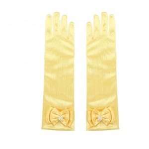 1 Paire De Gants De Performance Pour Enfants, Décor De N?ud En Fausses Perles, Couleur Unie, Doigts Complets, Gants De Filles En Satin À Fleurs, Gants De Cosplay De Style Princesse-Jaune - Neuf