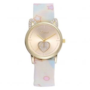 Montre-Bracelet A Quartz Lvpai P817 Pour Femme, Bracelet En Tissu Imprime, En Alliage, Avec Strass Et Oreilles De Chat (Blanc) - Neuf