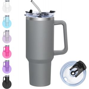 Eryi-Mug Isotherme Avec Paille, 1200ml Gourde Isotherme Avec Couvercle Multifonction, Tasse En Acier Inoxydable, Gobelet Café À Emporter Avec Poignée, Thermo Tumbler (Gris) - Neuf