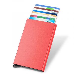 HUED-Portefeuille Pop Up mince, porte-carte de cr&eacute;dit minimaliste pour hommes et femmes, blocage RFID, Mini bo&icirc;tier en m&eacute;tal-Red - Neuf
