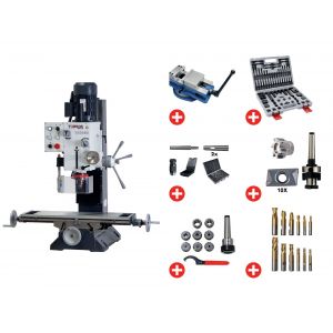 Perceuse-fraiseuse X 450 mm Y 200 mm Z 430 mm CM4/M16 1,1 kW 230V avec les accessoires essentiels Torros PACK PF45G 230V - Neuf