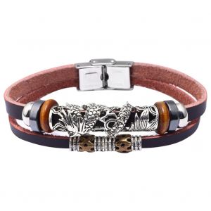 Bracelet En Cuir Pour Homme Avec Boucle En Acier Inoxydable Et Motif Dragon Chinois - Neuf