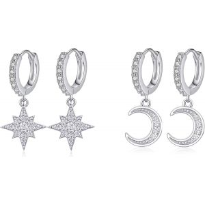 Kal-2 Paires Boucles D'oreilles Argent 925 Boucles D'oreilles Pendantes Étoiles Boucles D'oreilles Créoles Avec Pendentif Étoile Lune Petites Boucles D'oreilles Étoiles Pour Femmes Fille - Neuf