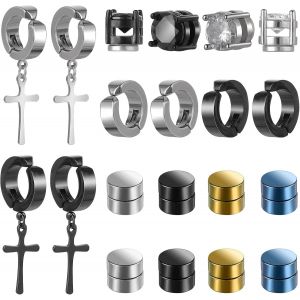 10 Paires Boucles D'oreilles Homme Acier Inoxydable Magnétique Non Piercing Boucles D'oreille Clip, Hypoallergénique Créoles Pendantes Croix Pour Homme, Femme, Enfant, Fille (4 Styles) - Neuf
