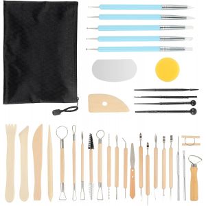 Mevronisshop-Set De 34 Outils De Modelage, Kit Argile, Outils De Poterie Pour Argile, Kit De Poterie Avec Sac De Rangement, Outils Argile Autodurcissante, Accessoires Id&eacute;aux Pour Artistes Et D&eacute;butant - Neuf