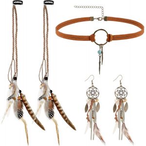 Tianyi-Pi&egrave;ces Cheveux En Plumes Pour Femmes, Extensions De Cheveux Indienne, Collier Ras Du Cou En Cuir, Boho Boucles D'oreilles Attrape-R&ecirc;ves, Bijoux Tribaux Set Pour Halloween Carnaval Mascarade - Neuf
