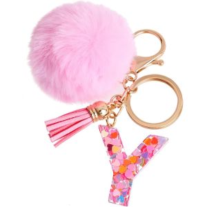 TIANYI-Porte-cl&eacute;s rose avec lettre porte-cl&eacute;s fille initiale cadeau femmes porte-cl&eacute;s boule de poils d&eacute;corer pour sac Sac &agrave; dos porte-clef gland or porte-clef femme - Neuf