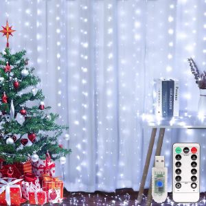 Kal-Usb Guirlande Lumineuse Rideau Noël 3x3m - Led Avec Télécommande, 8 Modes D'éclairage, Étanchéité Ip65, Décoration Noël, Fenêtre, Mariage (Blanc Froid) - Neuf