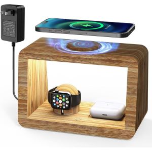 CMJAAGUR-Station De Charge Sans Fil Avec Veilleuse, Chargeur Rapide Sans Fil 4 En 1 Avec Adaptateur Et Câble, Pour Iphone, Airpods Pro, Apple Watch[M1843] - Neuf
