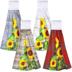 Tournesols Vintage 4 Pièces Suspendu Serviette De Cuisine Sur Planche De Bois Multicolore Ferme Décor Doux Serviettes À La Main Avec Boucle - Neuf
