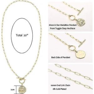 18k Médaillon Lune Et Étoile Pendentif Collier Femmes Filles - Neuf