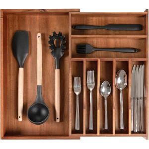 Organisateur De Couverts En Acacia De Qualité Supérieure Pour Tiroirs Étroits De Cuisine,Extensible De 27 Cm À 48 Cm,9 Compartiments De Rangement - Neuf